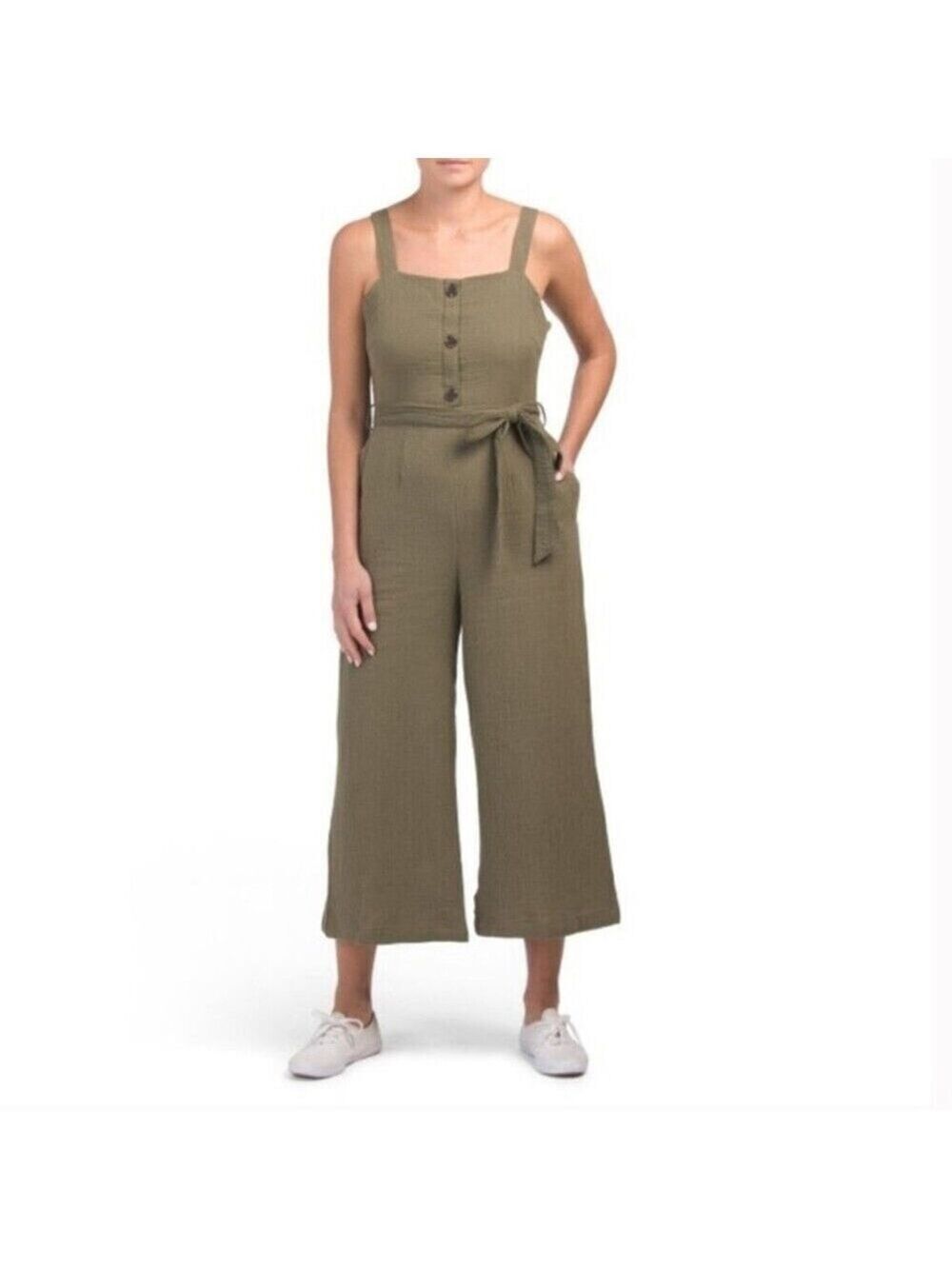Rachel ZOE Olive Green Crepe Cotton Jumpsuit Wide leg Sz 10 Minimalist Safari